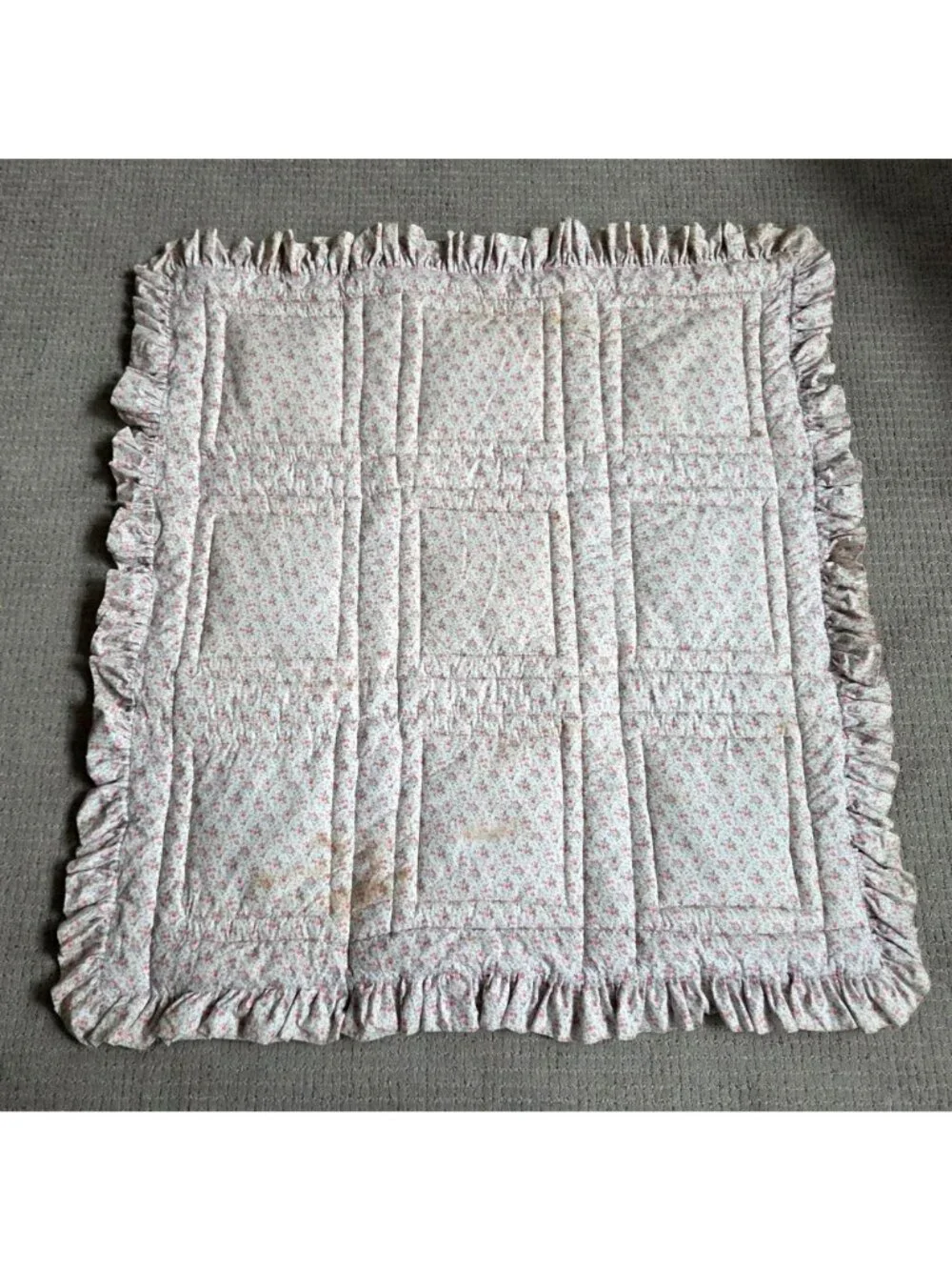 Handmade Hand Cross Stitched Embroidered Pink Floral Quilted Wall Hanging READ